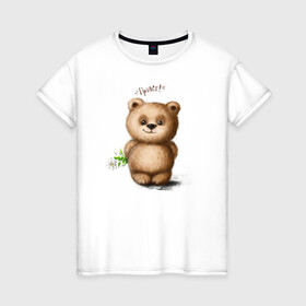 Женская футболка хлопок с принтом Медведь , 100% хлопок | прямой крой, круглый вырез горловины, длина до линии бедер, слегка спущенное плечо | зверь | игрушка цветок | медведик | медведь | медвежонок | милый | мишка | привет | ромашка