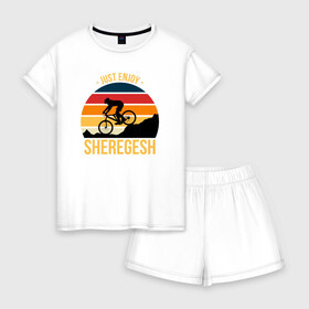 Женская пижама с шортиками хлопок с принтом Just enjoy. Sheregesh , 100% хлопок | футболка прямого кроя, шорты свободные с широкой мягкой резинкой | gesh | sheregesh | велоспорт | вершина | геш | горы | горы шерегеша | отдых | шерегеш
