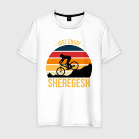 Мужская футболка хлопок с принтом Just enjoy. Sheregesh , 100% хлопок | прямой крой, круглый вырез горловины, длина до линии бедер, слегка спущенное плечо. | gesh | sheregesh | велоспорт | вершина | геш | горы | горы шерегеша | отдых | шерегеш