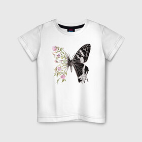 Детская футболка хлопок с принтом Бабочка и цветы , 100% хлопок | круглый вырез горловины, полуприлегающий силуэт, длина до линии бедер | акварель | бабочка | бутоны | графика | крылья | лето | насекомое | природа | растение | розы | фауна | цветы | шипы