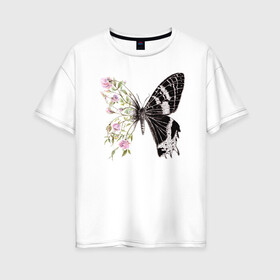 Женская футболка хлопок Oversize с принтом Бабочка и цветы , 100% хлопок | свободный крой, круглый ворот, спущенный рукав, длина до линии бедер
 | акварель | бабочка | бутоны | графика | крылья | лето | насекомое | природа | растение | розы | фауна | цветы | шипы