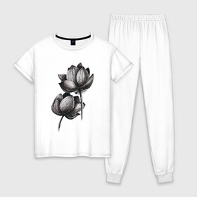 Женская пижама хлопок с принтом Лилии , 100% хлопок | брюки и футболка прямого кроя, без карманов, на брюках мягкая резинка на поясе и по низу штанин | бутон | графика | лето | лилии | природа | растение | цветы | черный
