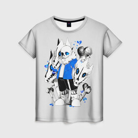 Женская футболка 3D с принтом Санс и его мальчик , 100% полиэфир ( синтетическое хлопкоподобное полотно) | прямой крой, круглый вырез горловины, длина до линии бедер | 8 bit | 8 бит | game | games | undertale | андертейл | андертэил | игра | игры | пиксели | пиксель | санс