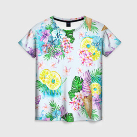 Женская футболка 3D с принтом Тропические цветы и фрукты , 100% полиэфир ( синтетическое хлопкоподобное полотно) | прямой крой, круглый вырез горловины, длина до линии бедер | ананас | ананасы | букеты | монстера | мороженое | орхидеи | отдых | пляжные | тропики | фрукты | цветочки | цветы | юг | южные