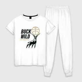 Женская пижама хлопок с принтом Buck Wild , 100% хлопок | брюки и футболка прямого кроя, без карманов, на брюках мягкая резинка на поясе и по низу штанин | Тематика изображения на принте: antetokounmpo | basketball | bucks | giannis | milwaukee | mvp | nba | sport | streetball | адетокумбо | бакс | баскетбол | игра | милуоки | мяч | нба | олень | спорт | стритбол | тренер | чемпион | янис