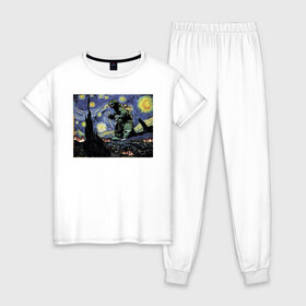 Женская пижама хлопок с принтом Годзилла Ван Гога , 100% хлопок | брюки и футболка прямого кроя, без карманов, на брюках мягкая резинка на поясе и по низу штанин | ван гог | годзилла | живопись