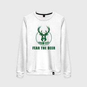 Женский свитшот хлопок с принтом Fear The Deer , 100% хлопок | прямой крой, круглый вырез, на манжетах и по низу широкая трикотажная резинка  | antetokounmpo | basketball | bucks | giannis | milwaukee | mvp | nba | sport | streetball | адетокумбо | бакс | баскетбол | игра | милуоки | мяч | нба | олень | спорт | стритбол | тренер | чемпион | янис