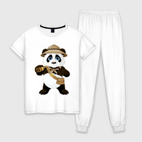 Женская пижама хлопок с принтом Панда путешественница  , 100% хлопок | брюки и футболка прямого кроя, без карманов, на брюках мягкая резинка на поясе и по низу штанин | бинокль | животное | маленькая панда | медвежонок | панда | панда путешественница | путешественник | черно белый медведь | экспедитор
