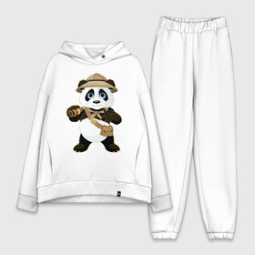 Женский костюм хлопок Oversize с принтом Панда путешественница ,  |  | бинокль | животное | маленькая панда | медвежонок | панда | панда путешественница | путешественник | черно белый медведь | экспедитор