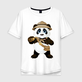 Мужская футболка хлопок Oversize с принтом Панда путешественница  , 100% хлопок | свободный крой, круглый ворот, “спинка” длиннее передней части | бинокль | животное | маленькая панда | медвежонок | панда | панда путешественница | путешественник | черно белый медведь | экспедитор