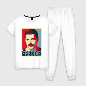 Женская пижама хлопок с принтом Freddie , 100% хлопок | брюки и футболка прямого кроя, без карманов, на брюках мягкая резинка на поясе и по низу штанин | alternative | metall | music | queen | qween | rock | альтернатива | квин | куин | металл | музыка | рок | фредди меркьюри