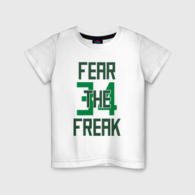 Детская футболка хлопок с принтом Fear The Freak 34 , 100% хлопок | круглый вырез горловины, полуприлегающий силуэт, длина до линии бедер | Тематика изображения на принте: antetokounmpo | basketball | bucks | giannis | milwaukee | mvp | nba | sport | streetball | адетокумбо | бакс | баскетбол | игра | милуоки | мяч | нба | олень | спорт | стритбол | тренер | чемпион | янис