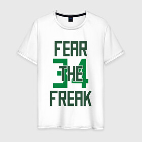 Мужская футболка хлопок с принтом Fear The Freak 34 , 100% хлопок | прямой крой, круглый вырез горловины, длина до линии бедер, слегка спущенное плечо. | antetokounmpo | basketball | bucks | giannis | milwaukee | mvp | nba | sport | streetball | адетокумбо | бакс | баскетбол | игра | милуоки | мяч | нба | олень | спорт | стритбол | тренер | чемпион | янис