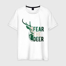 Мужская футболка хлопок с принтом Fear The Deer , 100% хлопок | прямой крой, круглый вырез горловины, длина до линии бедер, слегка спущенное плечо. | antetokounmpo | basketball | bucks | giannis | milwaukee | mvp | nba | sport | streetball | адетокумбо | бакс | баскетбол | игра | милуоки | мяч | нба | олень | спорт | стритбол | тренер | чемпион | янис