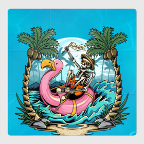 Магнитный плакат 3Х3 с принтом Summer time , Полимерный материал с магнитным слоем | 9 деталей размером 9*9 см | Тематика изображения на принте: арт | время года | графика | лето | море | пальмы | пляж | скелет | фламинго