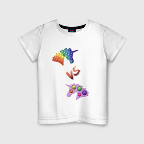 Детская футболка хлопок с принтом Pop-it vs Simple-dimple , 100% хлопок | круглый вырез горловины, полуприлегающий силуэт, длина до линии бедер | unicorns | единороги | поп ит | пупырка | симпл димпл