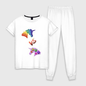 Женская пижама хлопок с принтом Pop-it vs Simple-dimple , 100% хлопок | брюки и футболка прямого кроя, без карманов, на брюках мягкая резинка на поясе и по низу штанин | unicorns | единороги | поп ит | пупырка | симпл димпл