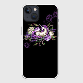 Чехол для iPhone 13 с принтом Единорог среди роз ,  |  | rose | roses | unicorn | единорог | единороги | роза | розы | сказка | сказочный | сон | спящий | темный | фентези | фентэзи | цветочный | цветы | черный фон