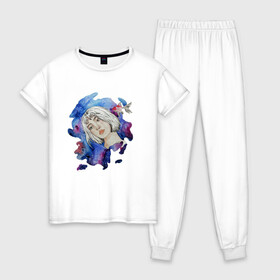 Женская пижама хлопок с принтом Двушка с рыбкой  , 100% хлопок | брюки и футболка прямого кроя, без карманов, на брюках мягкая резинка на поясе и по низу штанин | Тематика изображения на принте: акварель | девушка | лицо | рыбка | яркий дизайн