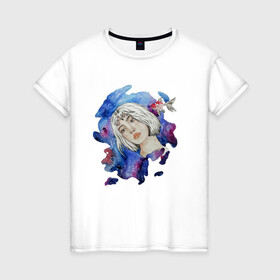 Женская футболка хлопок с принтом Двушка с рыбкой  , 100% хлопок | прямой крой, круглый вырез горловины, длина до линии бедер, слегка спущенное плечо | акварель | девушка | лицо | рыбка | яркий дизайн