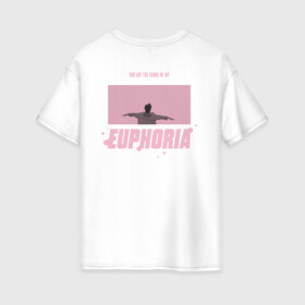 Женская футболка хлопок Oversize с принтом EUPHORIA | BTS | PINK Edition  , 100% хлопок | свободный крой, круглый ворот, спущенный рукав, длина до линии бедер
 | Тематика изображения на принте: bighit | bts | butter | k pop | love yourself | music | битиэс | бойсбенд | бтс | кейпоп | корея | чимин | эйфория