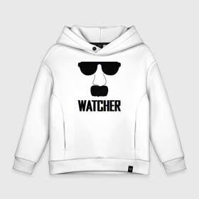 Детское худи Oversize хлопок с принтом Шпион (Watcher) , френч-терри — 70% хлопок, 30% полиэстер. Мягкий теплый начес внутри —100% хлопок | боковые карманы, эластичные манжеты и нижняя кромка, капюшон на магнитной кнопке | Тематика изображения на принте: прикольная надпись | усы | черно белое | шпион очки