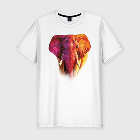 Мужская футболка хлопок Slim с принтом Слон акварельный , 92% хлопок, 8% лайкра | приталенный силуэт, круглый вырез ворота, длина до линии бедра, короткий рукав | africa | animal | colorful | elephant | orange | paint | pink | strength | watercolor | акварель | африка | животное | краски | красочный | оранжевый | розовый | сила | слон