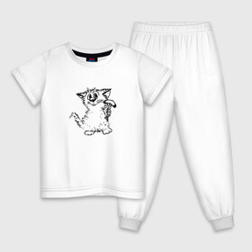 Детская пижама хлопок с принтом Котенок с вилкой и сосиской , 100% хлопок |  брюки и футболка прямого кроя, без карманов, на брюках мягкая резинка на поясе и по низу штанин
 | Тематика изображения на принте: графика | киска | кот | котенок | котик | кошка | смешной кот | улыбающийся кот | черно белое