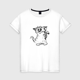 Женская футболка хлопок с принтом Котенок с вилкой и сосиской , 100% хлопок | прямой крой, круглый вырез горловины, длина до линии бедер, слегка спущенное плечо | Тематика изображения на принте: графика | киска | кот | котенок | котик | кошка | смешной кот | улыбающийся кот | черно белое
