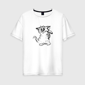Женская футболка хлопок Oversize с принтом Котенок с вилкой и сосиской , 100% хлопок | свободный крой, круглый ворот, спущенный рукав, длина до линии бедер
 | Тематика изображения на принте: графика | киска | кот | котенок | котик | кошка | смешной кот | улыбающийся кот | черно белое