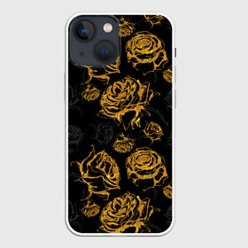 Чехол для iPhone 13 mini с принтом Розы. Золото с черным ,  |  | вечерний | графика | графический | золотистый | золото | золотой | крупные | праздничный | розочки | розы | темный | цветочки | цветочный | цветы | черный