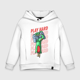 Детское худи Oversize хлопок с принтом Play Hard , френч-терри — 70% хлопок, 30% полиэстер. Мягкий теплый начес внутри —100% хлопок | боковые карманы, эластичные манжеты и нижняя кромка, капюшон на магнитной кнопке | Тематика изображения на принте: gamers | games | hard | play | зомби | иллюстрация