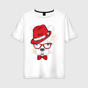 Женская футболка хлопок Oversize с принтом Французский модник , 100% хлопок | свободный крой, круглый ворот, спущенный рукав, длина до линии бедер
 | бант | бульдог | голова | голова собаки | очки | пес | собака | французский модник | шляпа