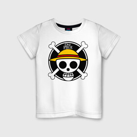 Детская футболка хлопок с принтом One Piece Весёлый Роджер , 100% хлопок | круглый вырез горловины, полуприлегающий силуэт, длина до линии бедер | anime | manga | one piece | аниме | большой куш | ван пис | весёлый роджер | вон пис | король пиратов | логотип | манга | монки д. луффи | мугивары | перекрещённый костями | пират | пиратский флаг
