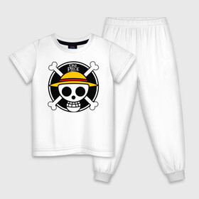 Детская пижама хлопок с принтом One Piece Весёлый Роджер , 100% хлопок |  брюки и футболка прямого кроя, без карманов, на брюках мягкая резинка на поясе и по низу штанин
 | anime | manga | one piece | аниме | большой куш | ван пис | весёлый роджер | вон пис | король пиратов | логотип | манга | монки д. луффи | мугивары | перекрещённый костями | пират | пиратский флаг