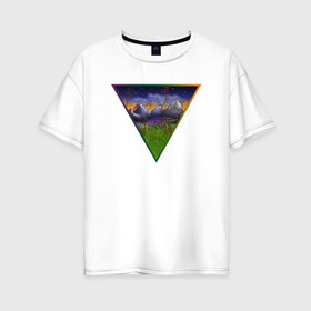 Женская футболка хлопок Oversize с принтом невероятный пейзаж , 100% хлопок | свободный крой, круглый ворот, спущенный рукав, длина до линии бедер
 | Тематика изображения на принте: болото | горы | пейзаж | природа | радуга | рисунок | сумерки | треугольник | ярко
