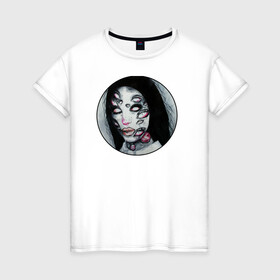 Женская футболка хлопок с принтом Жуткая девушка  , 100% хлопок | прямой крой, круглый вырез горловины, длина до линии бедер, слегка спущенное плечо | zomby | глаза | девушка | зомби | тёмные цвета | ужасы