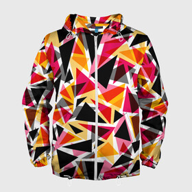 Мужская ветровка 3D с принтом Разноцветные треугольники , 100% полиэстер | подол и капюшон оформлены резинкой с фиксаторами, два кармана без застежек по бокам, один потайной карман на груди | Тематика изображения на принте: абстрактный | геометрические фигуры | геометрический узор | желтый | красный | полигональный | разноцветный | треугольники | черный
