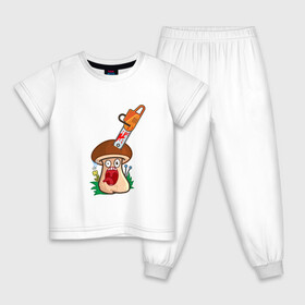 Детская пижама хлопок с принтом Испуганный , 100% хлопок |  брюки и футболка прямого кроя, без карманов, на брюках мягкая резинка на поясе и по низу штанин
 | horror | mushroom | бензопила | гриб | мультяшка | смайл | ужас | хоррор