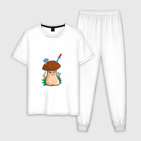 Мужская пижама хлопок с принтом Недовольный , 100% хлопок | брюки и футболка прямого кроя, без карманов, на брюках мягкая резинка на поясе и по низу штанин
 | evil | mushroom | гриб | злой | мультяшка | недовольный | сердитый | смайл
