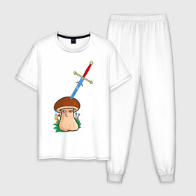 Мужская пижама хлопок с принтом Романтик , 100% хлопок | брюки и футболка прямого кроя, без карманов, на брюках мягкая резинка на поясе и по низу штанин
 | mushroom | гриб | меч | мультяшка | поцелуй | романтик | рыцарь | сердечко | смайл