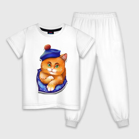 Детская пижама хлопок с принтом Рыжик , 100% хлопок |  брюки и футболка прямого кроя, без карманов, на брюках мягкая резинка на поясе и по низу штанин
 | Тематика изображения на принте: берет | глаза | животные | звери | зеленый | котик. рыжий котик | котики | оранжевый | синий