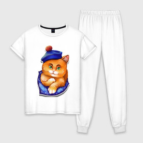 Женская пижама хлопок с принтом Рыжик , 100% хлопок | брюки и футболка прямого кроя, без карманов, на брюках мягкая резинка на поясе и по низу штанин | берет | глаза | животные | звери | зеленый | котик. рыжий котик | котики | оранжевый | синий