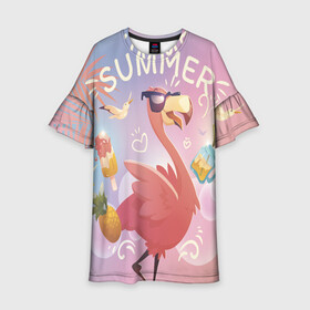 Детское платье 3D с принтом Летний фламинго , 100% полиэстер | прямой силуэт, чуть расширенный к низу. Круглая горловина, на рукавах — воланы | bird | summer | лето | птицы | розовый | фламинго