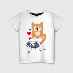 Детская футболка хлопок с принтом Рыжий кот , 100% хлопок | круглый вырез горловины, полуприлегающий силуэт, длина до линии бедер | Тематика изображения на принте: животные | кот | мышка | рыбка | сердца