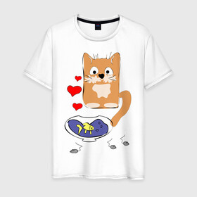 Мужская футболка хлопок с принтом Рыжий кот , 100% хлопок | прямой крой, круглый вырез горловины, длина до линии бедер, слегка спущенное плечо. | животные | кот | мышка | рыбка | сердца
