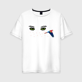 Женская футболка хлопок Oversize с принтом Глаза и попугай , 100% хлопок | свободный крой, круглый ворот, спущенный рукав, длина до линии бедер
 | summer | веснушки | глаза | лицо | попугай | птица