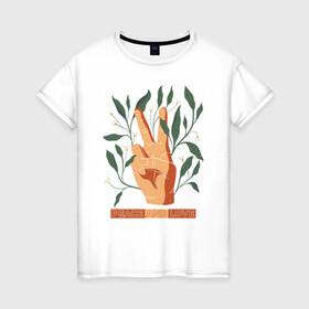 Женская футболка хлопок с принтом Мир и любовь , 100% хлопок | прямой крой, круглый вырез горловины, длина до линии бедер, слегка спущенное плечо | love | peace | любовь | мир | мир и любовь | растения | текст | цветы | цитата