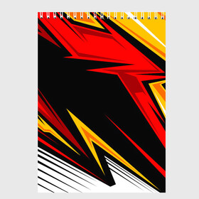 Скетчбук с принтом КРАСНО-ЖЕЛТЫЙ СПОРТ | SPORT , 100% бумага
 | 48 листов, плотность листов — 100 г/м2, плотность картонной обложки — 250 г/м2. Листы скреплены сверху удобной пружинной спиралью | Тематика изображения на принте: 3d | abstraction | geometry | hexagon | neon | paints | red | stripes | texture | yellow | абстракция | брызги | геометрия | желтый | краски | красный | неон | неоновый | разлом | соты | текстура