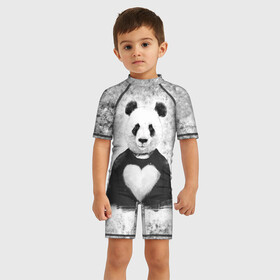 Детский купальный костюм 3D с принтом Панда Любовь Сердце Меланж , Полиэстер 85%, Спандекс 15% | застежка на молнии на спине | animals | beast | panda | глаза | животные | звери | краски | любовь | меланж | милые | панда | пятна | растения | сердце | серый | цветы | чб | эвкалипт